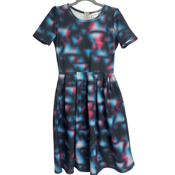 LuLaRoe Amelia Blue Red Black & White Striped  Zip Back Knee Length Dress sz Med - Picture 1 of 7